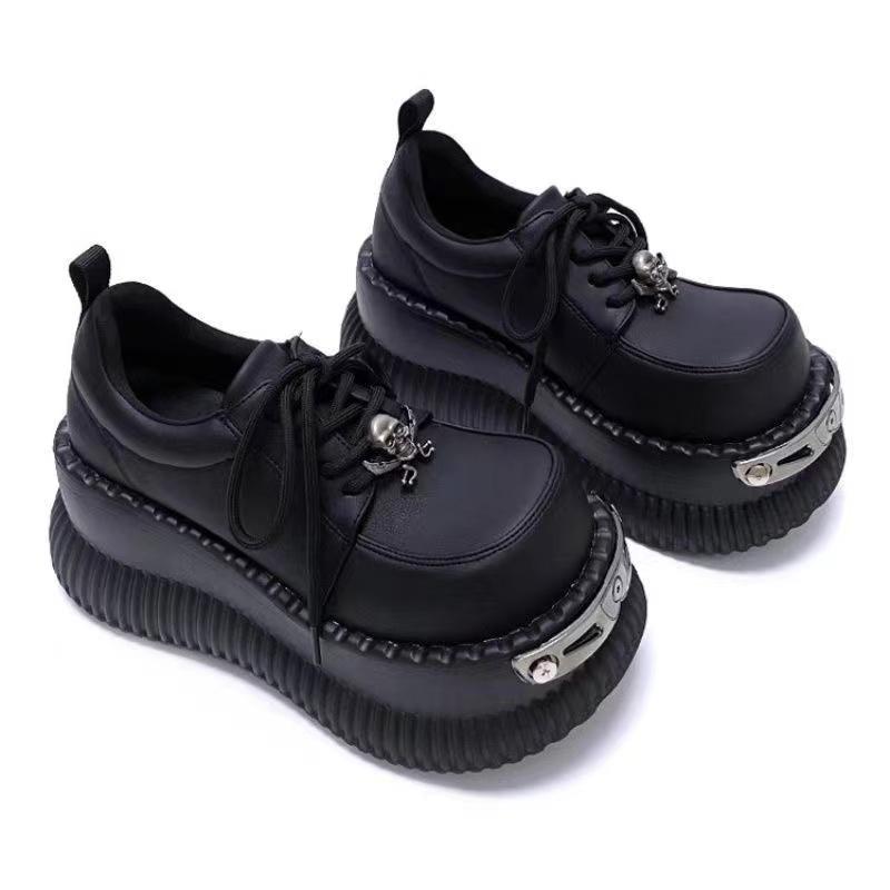 Women's Metal Decorated Round Toe Thick-soled Loafers for Women High-heeled Lace-up Fashionable Solid Color Low-top Shoes