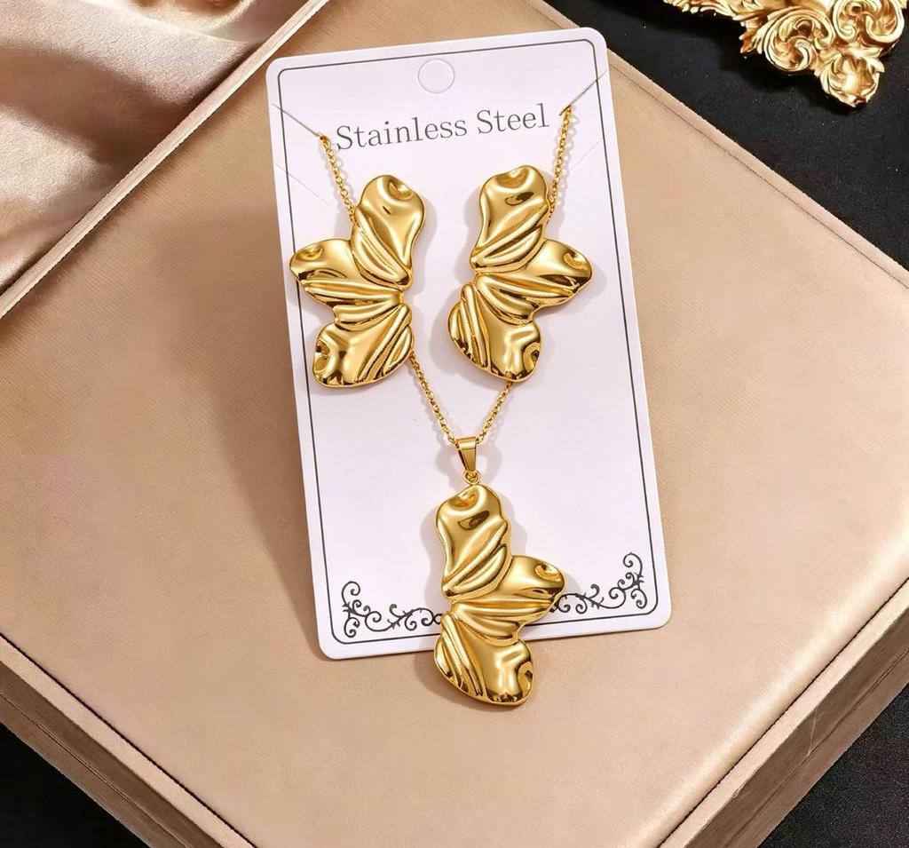 Gold-Plated Stainless Steel Retro Earrings & Necklace Set - Non-Fading Jewelry
