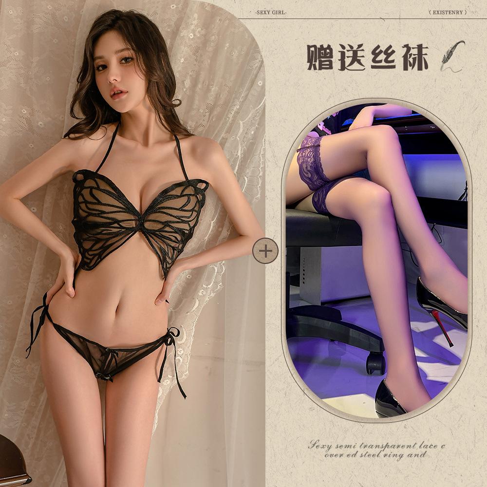 Sex underwear sexy perspective mesh butterfly three-point backless open free set