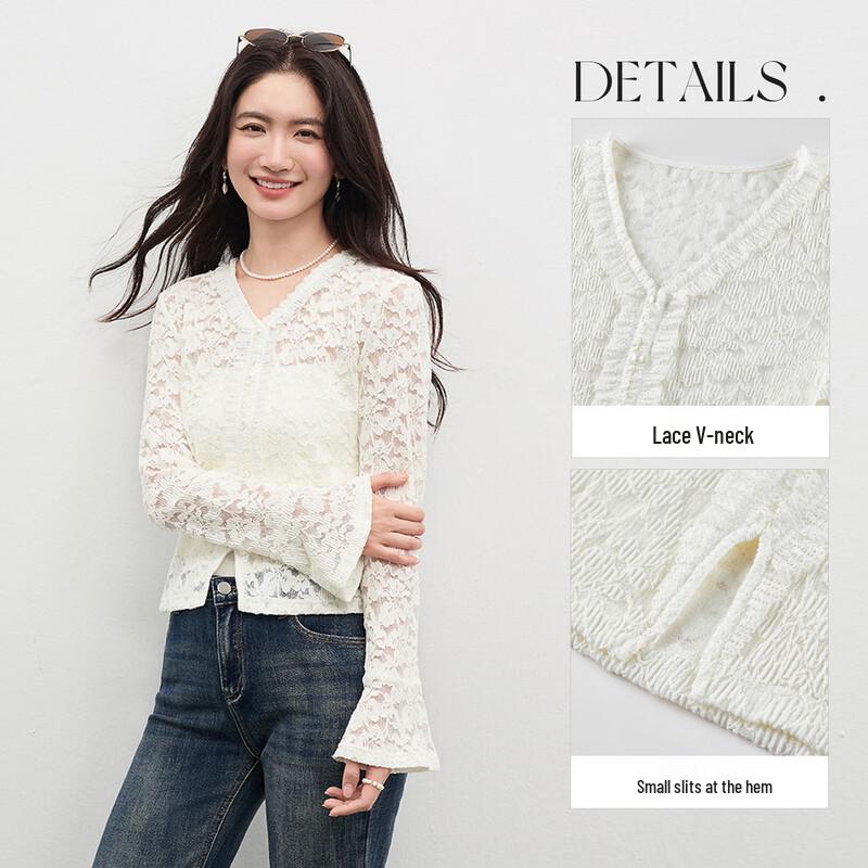 Women's French Embossed Jacquard V-Neck Lace Top