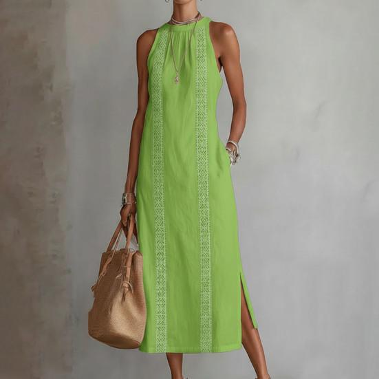 Vestito estivo da donna senza maniche con girocollo, tunica, vestito canotta, casual, ampio, boho, da spiaggia, con spacco laterale, abito estivo