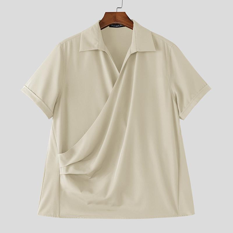 INCERUN Men V Neck Short Sleeve Front Cross Casual Loose Tops T-shirts S абрикосовый