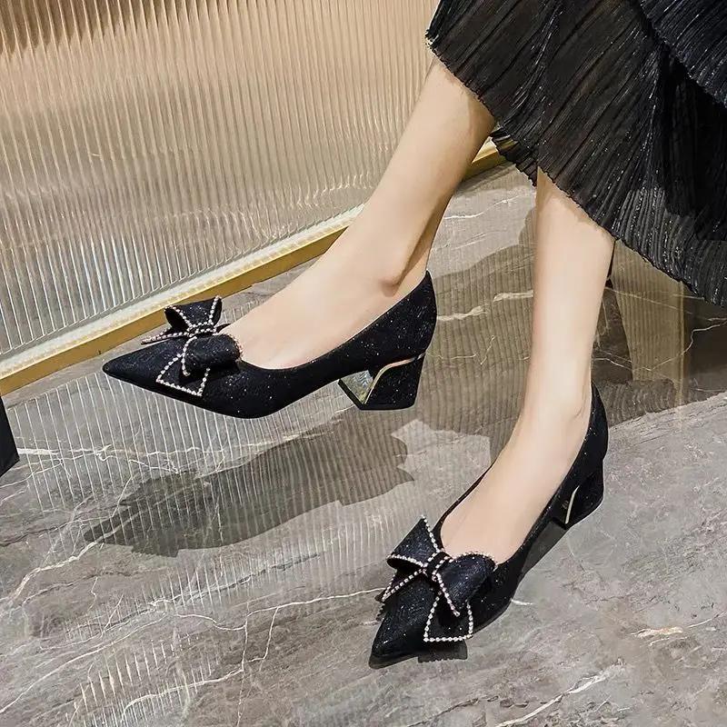 Fashion With Medium Heels Pointed Toe Shoes for Women Woman Pumps Block Heel Bow Chunky Spring Young Genuine Mark Korean Style Casual 39