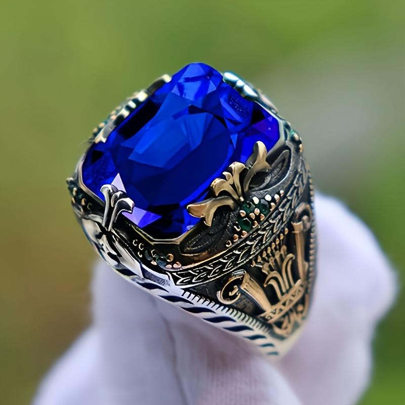 Vintage Style Engraved Multi-Faceted Gemstone Men's Ring The Colorful Metal Ring with Engraved Patterns Shines Brilliantly As It Rotates