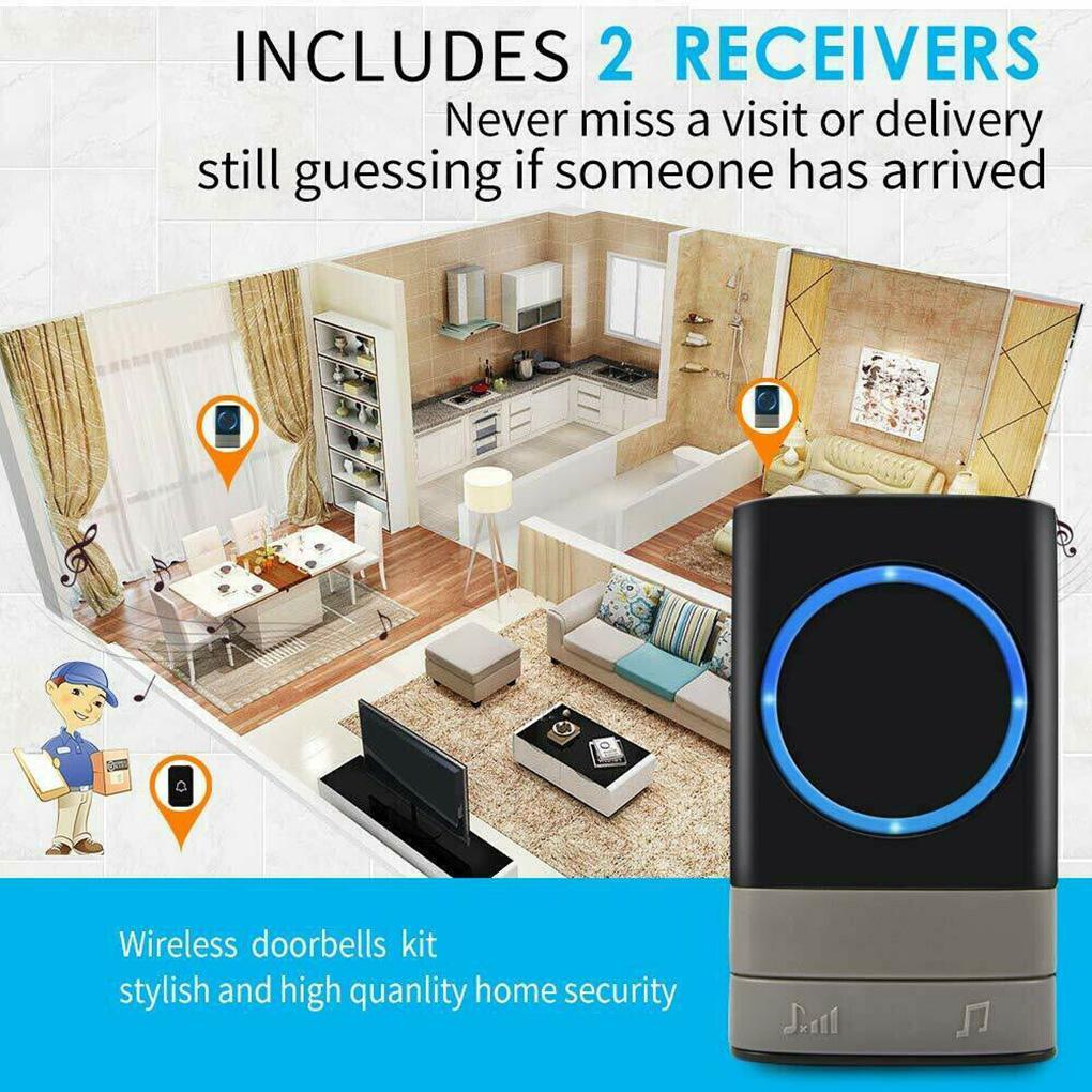 Campainha de Porta Sem Fio com Flash LED Campainha de Porta à Prova d'Água Volume Ajustável 2 Receptores Plug-in