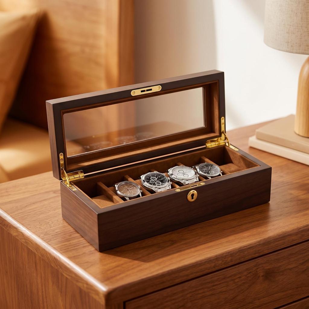 Soft Lining Watch Storage Box with Glass Lid Compartmented Display Case