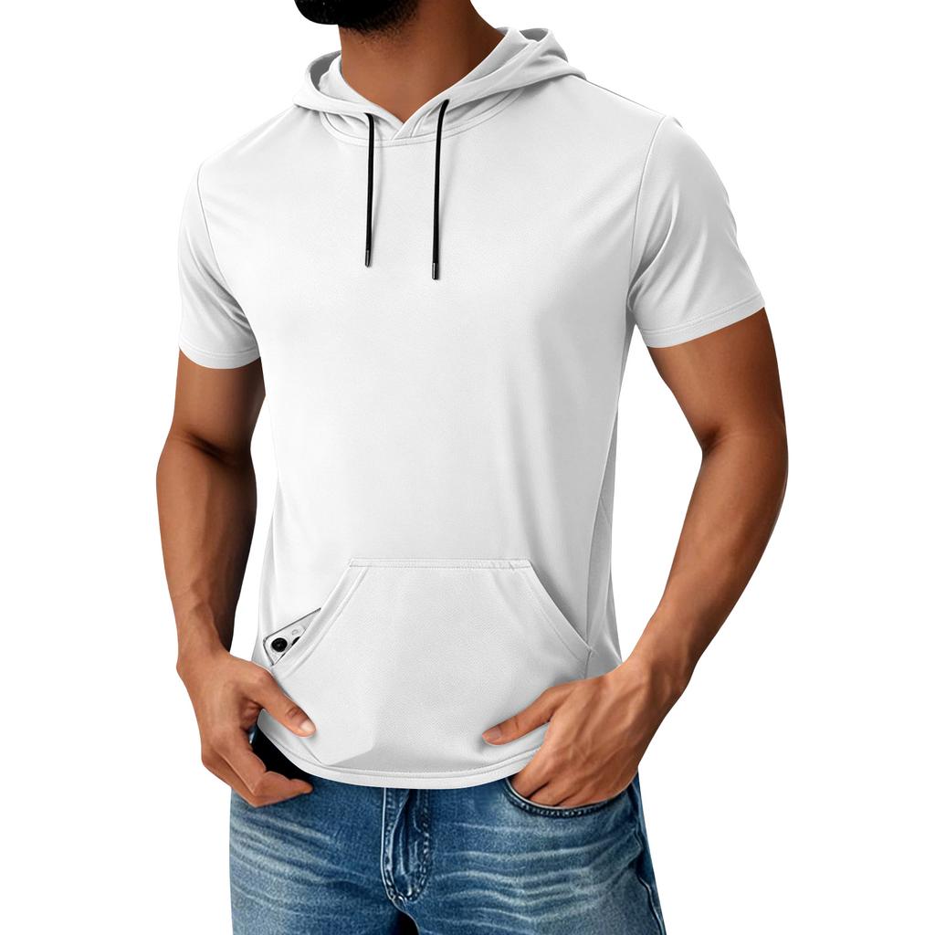 Men's Hooded Pocket Top Men's Casual Sports Quick Drying Short Sleeved Top