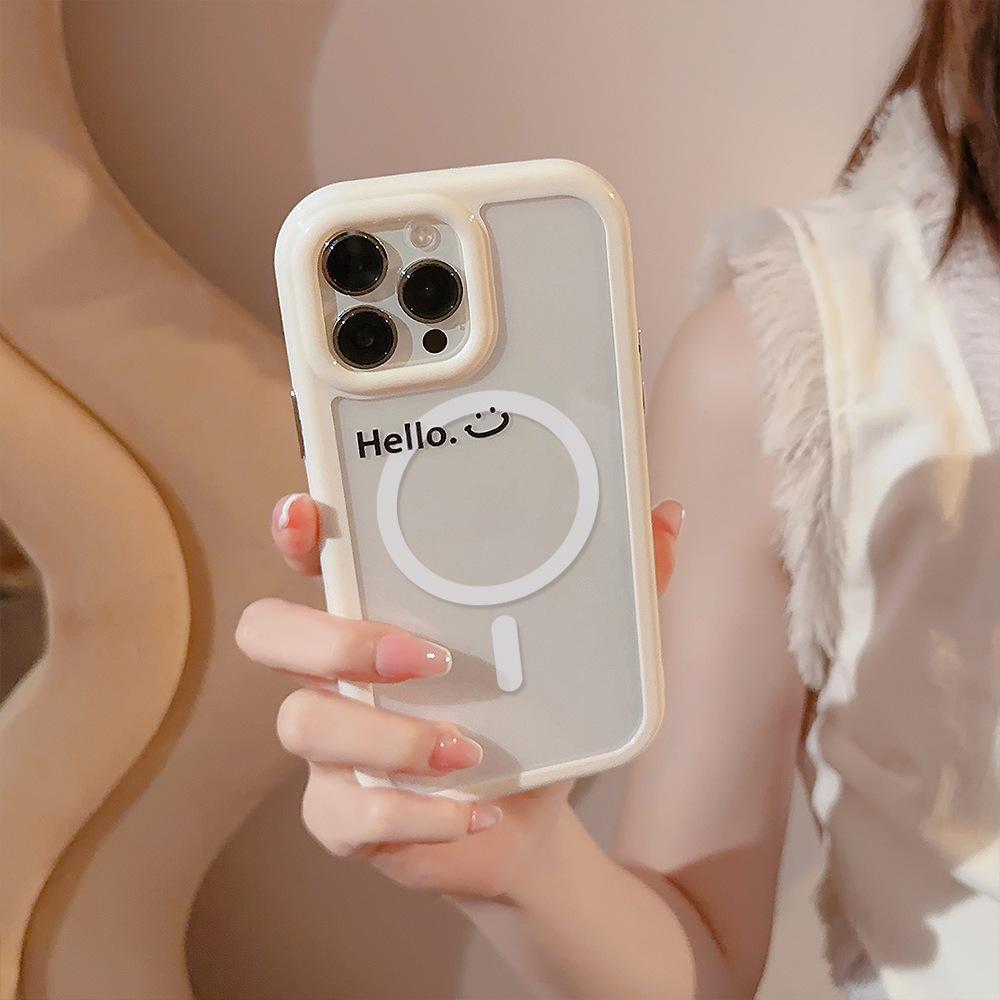 Applicable To 16ProMax Mobile Phone Case 15 Minimalist English Smiling Face IPhone 13 Acrylic 12 Apple 11 Magnetic 16