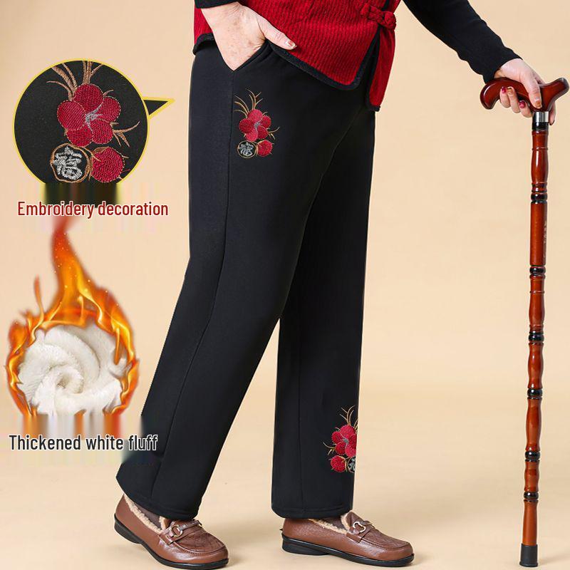 Women's Winter Embroidered Floral Cotton Pants, Loose Fit, Elastic Waist, for Middle-Aged & Elderly, Plus Velvet, Straight-Leg.