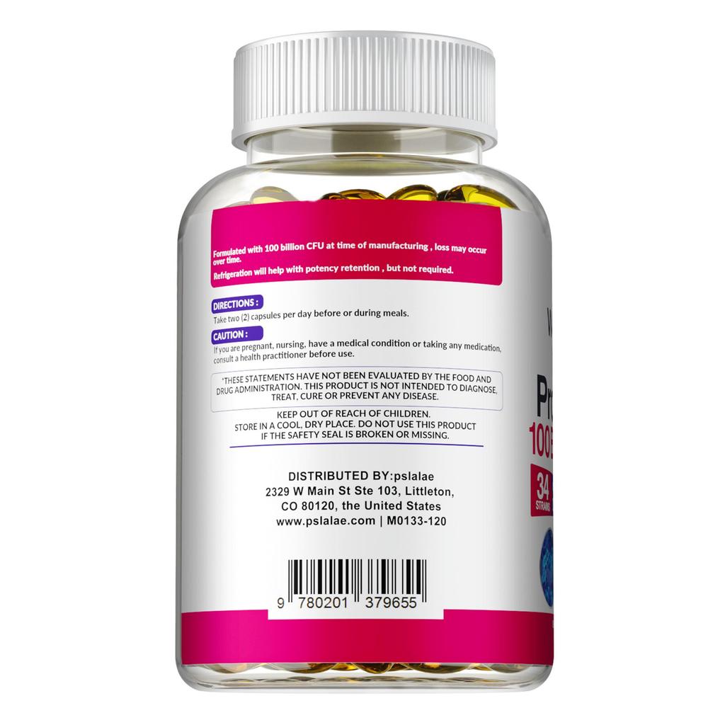 Pslalae Probiotic Enzyme Capsules, containing 34 strains, prebiotics, and digestive enzymes, support gut microbiota.