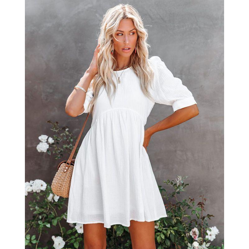 Fashion Summer New Fresh Sweet White round Neck Back Single-Breasted Puff Short Sleeve Dress Female Dress