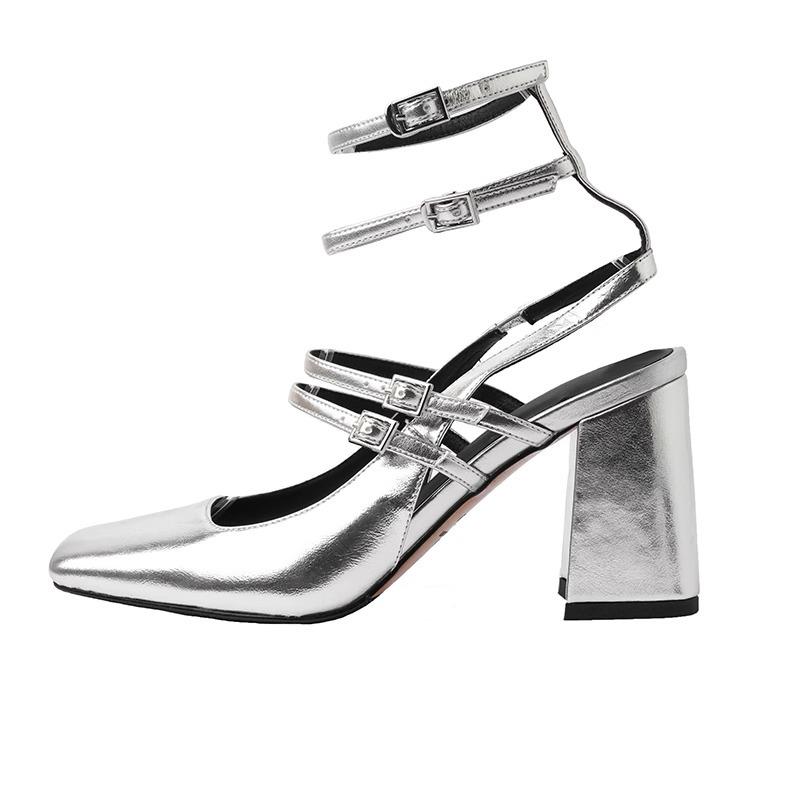 2025 summer new bag head sandals women's French thick heel buckle Mary Jane shoes white high heels silver single shoes