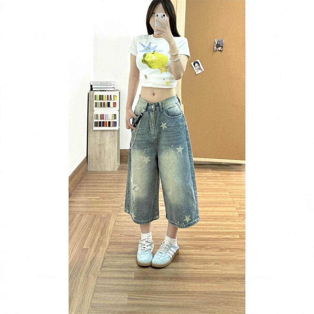 Women's High Waist Star Print Wide Leg Denim Culottes Vintage Washed Cropped Jeans