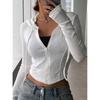 Wiosna Jesień Damski Koreański Vintage Kardigan z Kapturem Cienki Letni Sportowy Kurtka Slim Fit Krótki Top na Zamek Jednolity Kolor