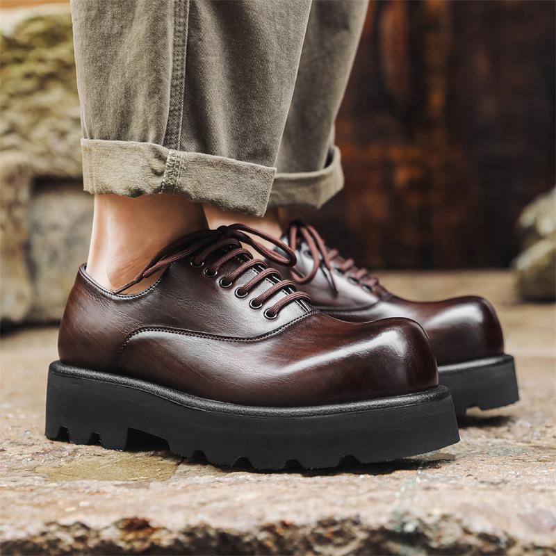 Casual Leather Shoes Men's High-end Thick-soled Korean Version Niche Design Spring and Summer Trend Breathable Heightening Derby Shoes 6123-J
