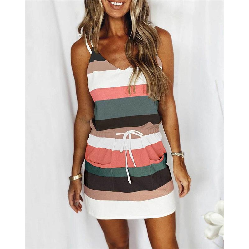 Summer Women's Stripe Printing Fashion Versatile Women's Sling Dress Waist Waist Length Tank Top Skirt Women's