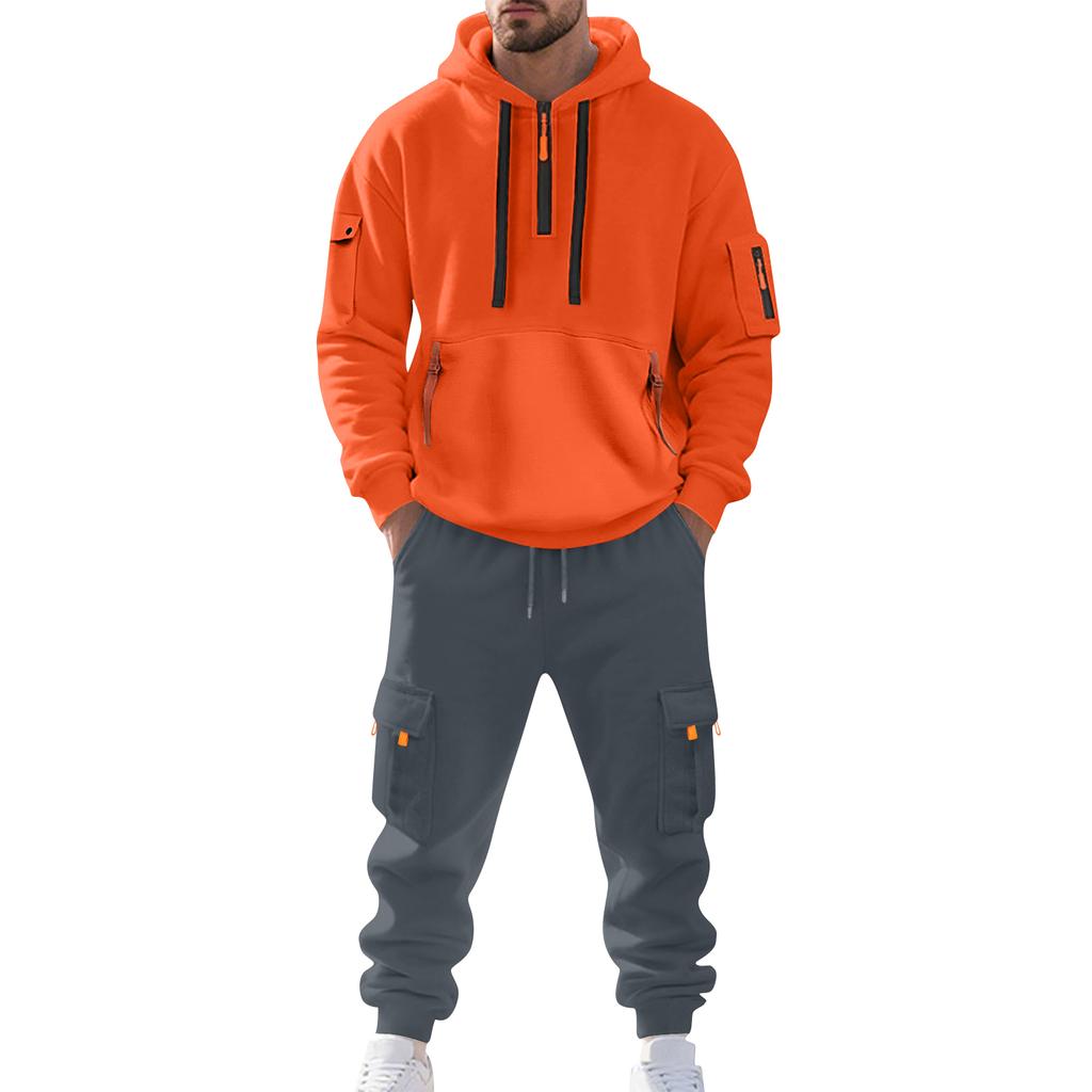 Pánský jednobarevný ležérní oblek Volná sportovní mikina s kapucí s kapsami Kombinéza s více kapsami