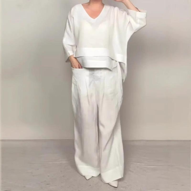 

Women s Casual Loose Irregular Top Set Spring Summer Fashion Pocket Wide-leg Pants for Women Office 2-piece Set XXXXXL білий