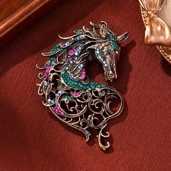 Retro Rhinestone Horse Brooch Pin Women Men Zinc Alloy Horse Head Lapel Pin Animal