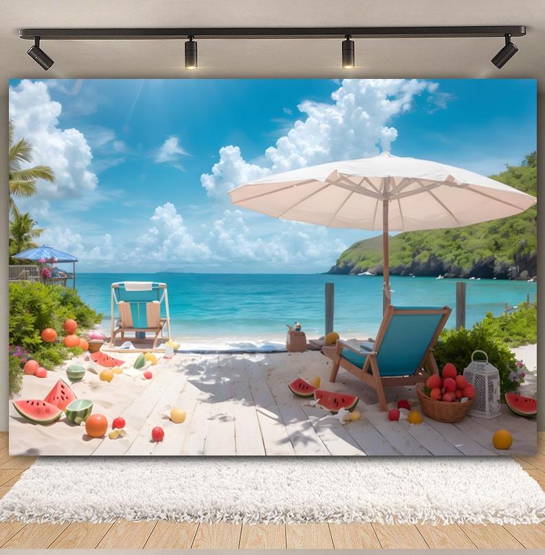 Summer Seaside Fruit Beach Palm Tree Theme Banner Background, Holiday Camping Party Decoration Photography Studio Backdrop Cloth