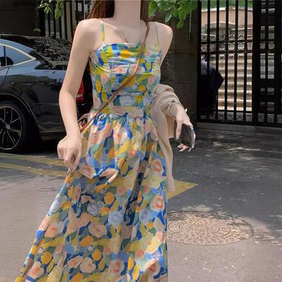 Yağlı Boya Tarzı Askılı ve Tüp Üst Tasarımlı Japon Çiçekli A Kesim Yazlık Elbise