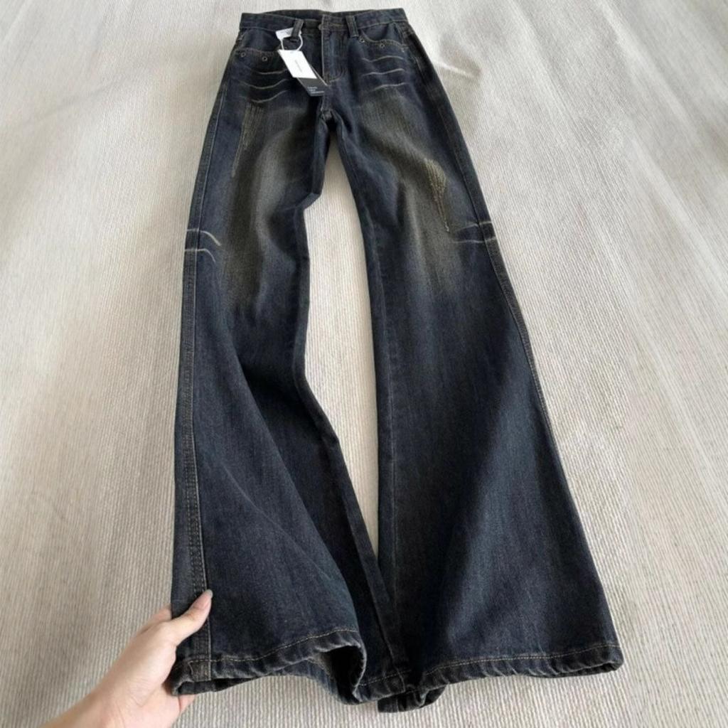 Women's 2025 Korean Flare Jeans High-waisted Niche Design Drape Horseshoe Pants Retro Street Style Baggy Jeans