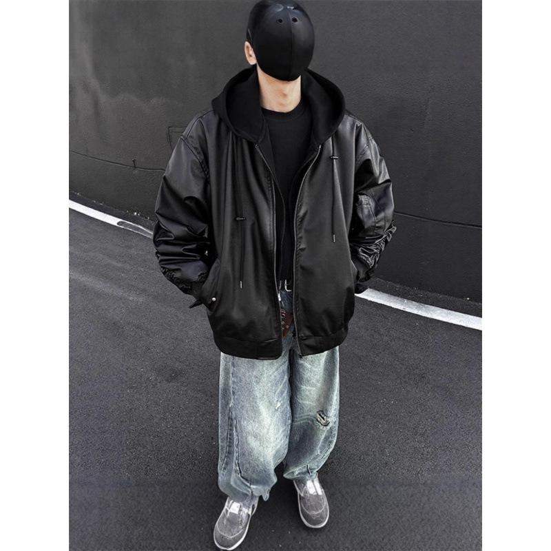Men's Black Faux Leather Hooded Bomber Jacket - American Style Short Silhouette
