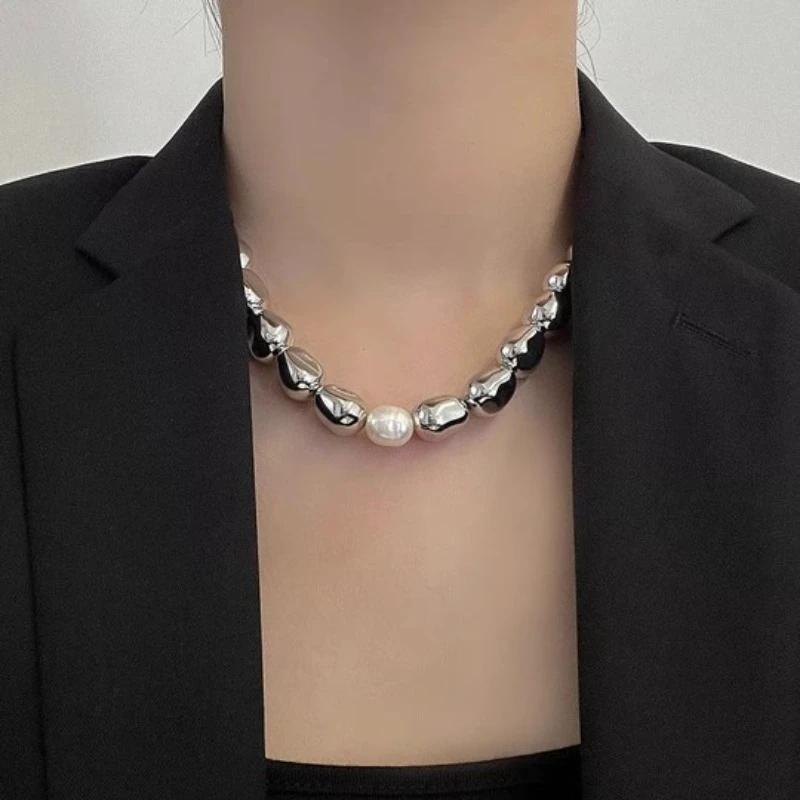 

Personality Punk Style Irregularity Baroque Pearl Pendant Necklace for Women Charm Stainless Steel Beaded Choker Chain Jewelry
