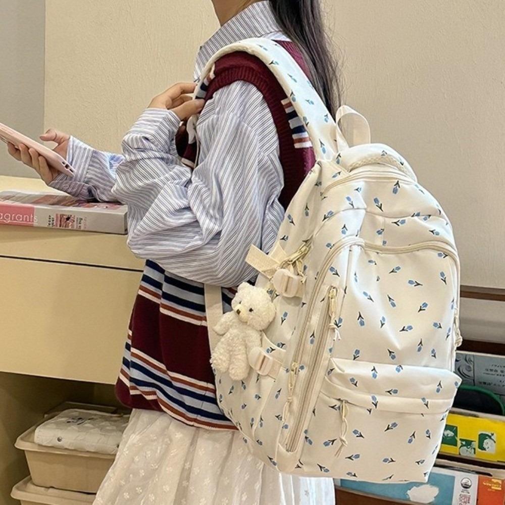 Multi-compartment Bow Pattern School Bag Multi-pocket Rucksack Floral Print Backpack Travel