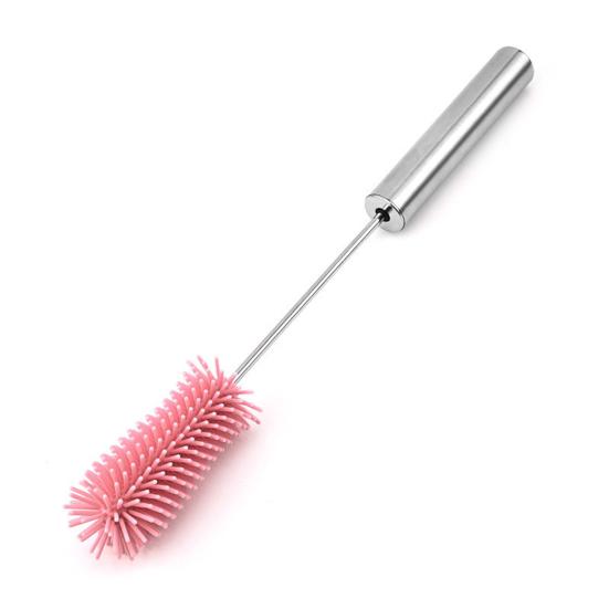 Silicone Bottle Brush with Stainless Steel Long Handle Press-Rotating Design Soft Bristle Cup Brush