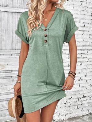 Summer Women's Fashionable Versatile Buckle V-neck Shoulder Rolled Up Sleeves Solid Color Dress