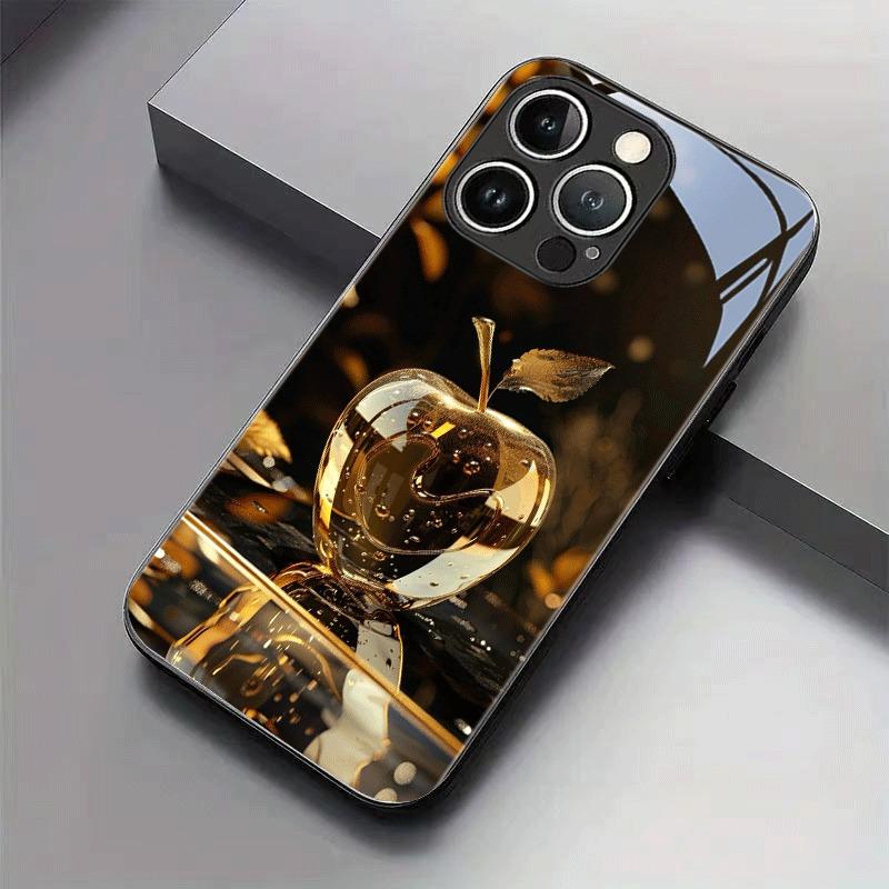 Black Golden Crystal For Apple Pattern Glass Phone Case For iPhone 17 Pro Max 16 15 14 13 12 11 16E 17Air 7 8 Plus XR XS X Cover