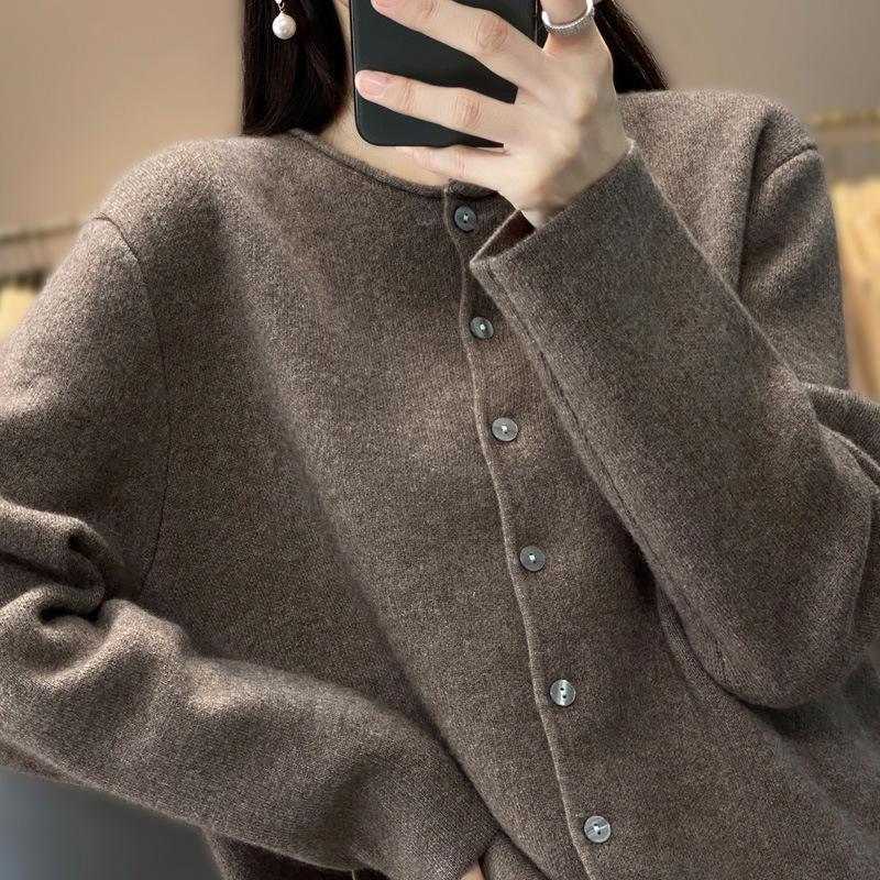 Rolled Edge Cashmere Wool Loose Round Neck Cardigan Sweater: Stylish Slim-Fit Knit for Women in Solid Colors for Spring