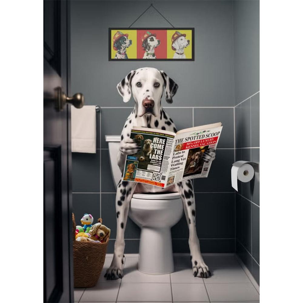 Hund sitzt auf der Toilette und liest Zeitung 5D DIY Diamantmalerei Kreuzstich Vollbohrer Runde Stickerei Heimdekoration Geschenke