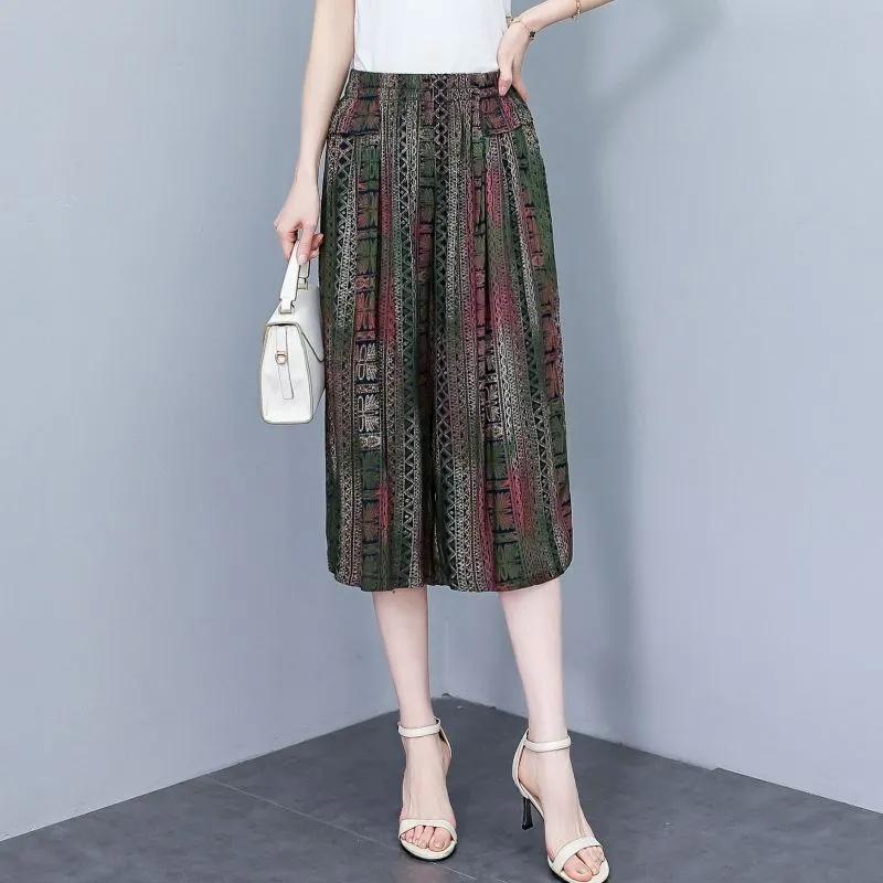 Pantalones Casuales Sueltos de Siete Minutos de Pierna Ancha de Cintura Alta para Mujer de Verano para Mujeres de Mediana Edad y Mayores Finos Cómodos