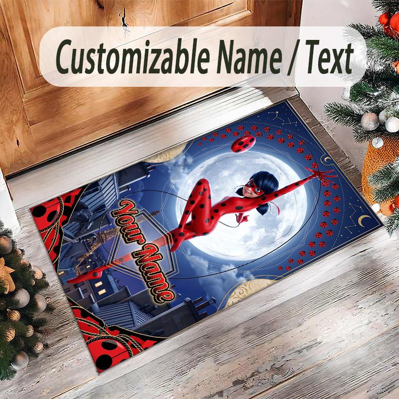 Personalisierter Kristall-Samt-Teppich mit individuellem Namens-Text, Miraculous Ladybug Anti-Rutsch-Teppich für die Heimdekoration