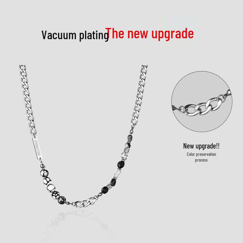 Trendy Men's Titanium Steel & Stone Beaded Necklace, Versatile High-End Accessory
