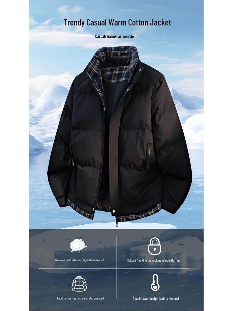 Stylish Patchwork Color Block Winter Cotton Jacket - Warm, Loose, Comfortable Stand Collar Coat.