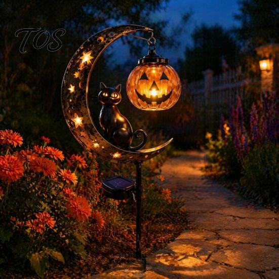 Waterproof Solar Lantern for Halloween Black Cat Moon Stake Light, Metal Pumpkin with Retro Iron Crescent Light Warm Glow, Spooky Yard Decor
