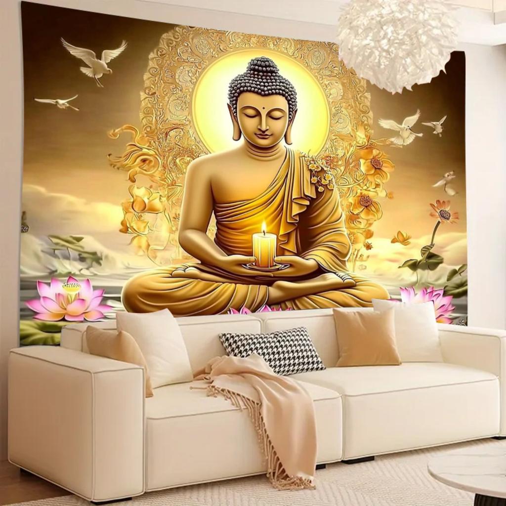 Buddha Tapestry, Meditating Buddha with Candle and Lotus Flowers, Spiritual Art Wall Hanging for Home Meditation Room Decor