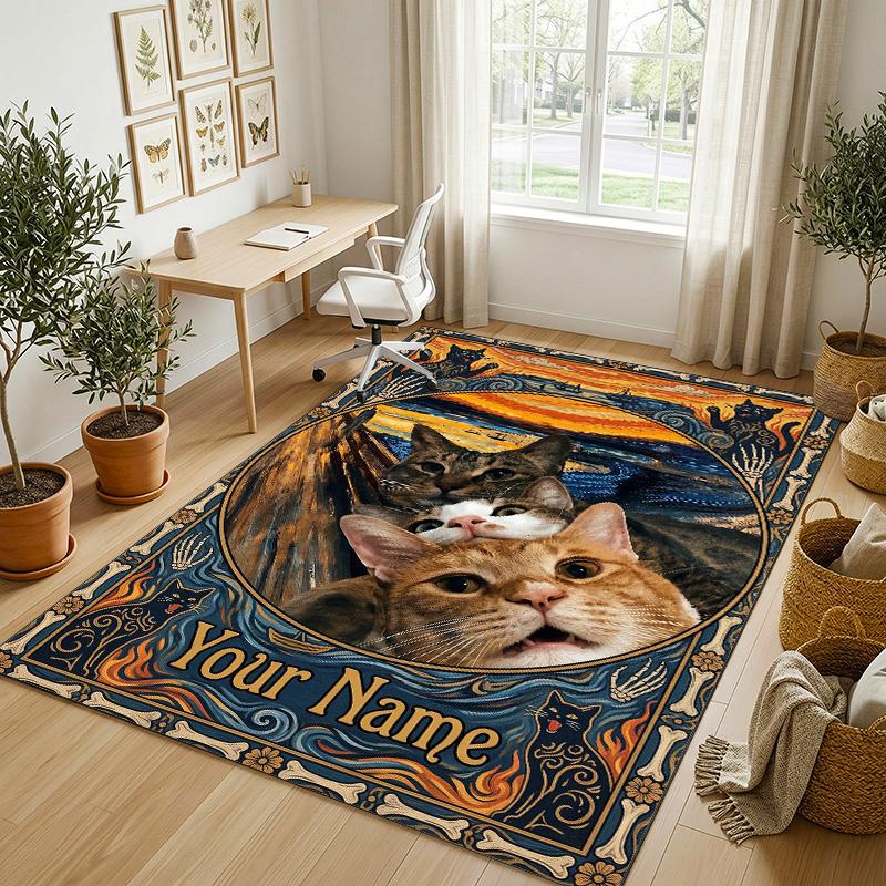 Cats Theme Soft Crystal Velvet Rug Custom Name & Text Print Non Slip Floor Rug for Bedroom Living Room