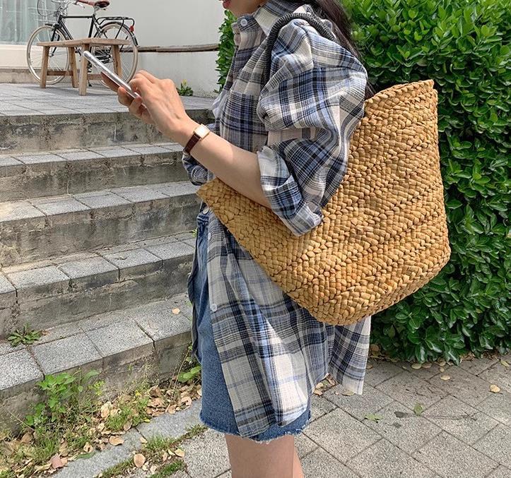 New 2025 Women's Loose-Fit Korean Blue Plaid Shirt Top