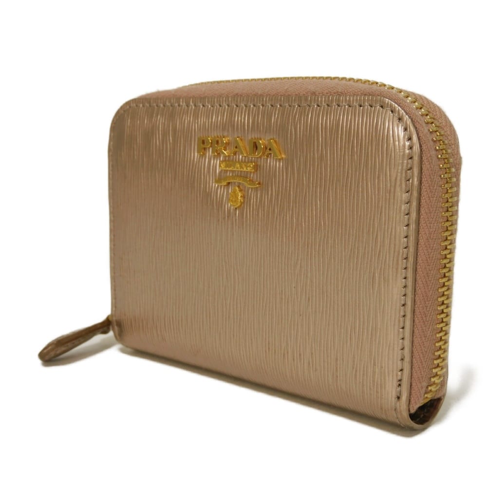 Used 11569 Vitello Move Coin Purse 1MM268 7943 Zip Around Compartment Card Case with Logo, Pink Gold, Women's from