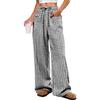 Women's High Rise Wide Leg Pants Loose Fit Trousers Plaid Drawstring Woven Spring Casual Long Pants For Daily Street Outfit