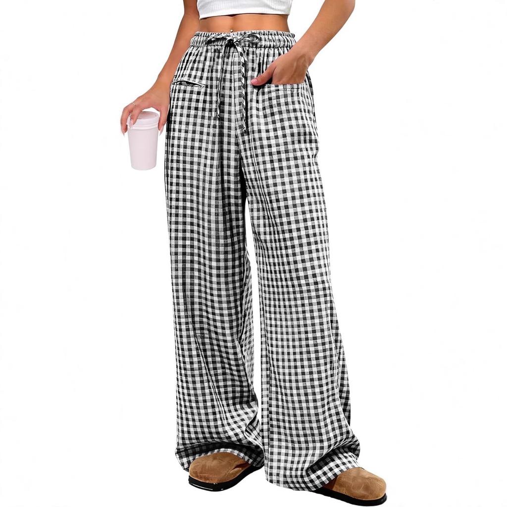 Women's High Rise Wide Leg Pants Loose Fit Trousers Plaid Drawstring Woven Spring Casual Long Pants For Daily Street Outfit