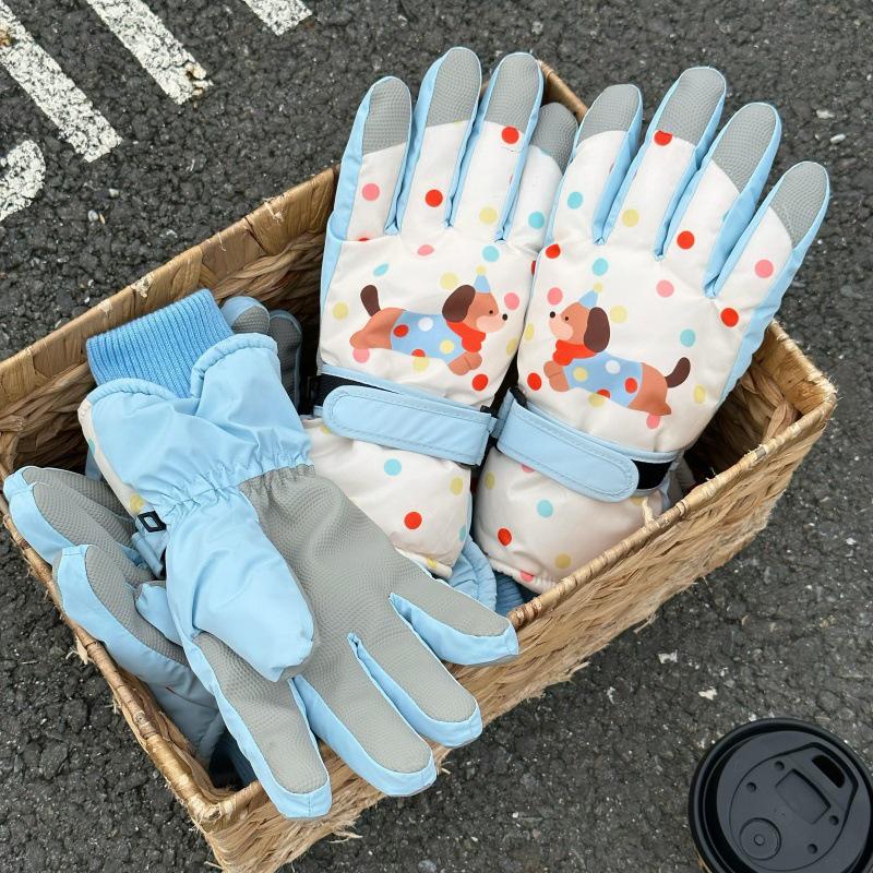 Kadın Kış Karikatür Köpekçik Kayak Eldivenleri: Dokunmatik Ekranlı, Rüzgar Geçirmez, Kadife Astarlı, Dış Mekan Sürüşü İçin Parmak Ayrık