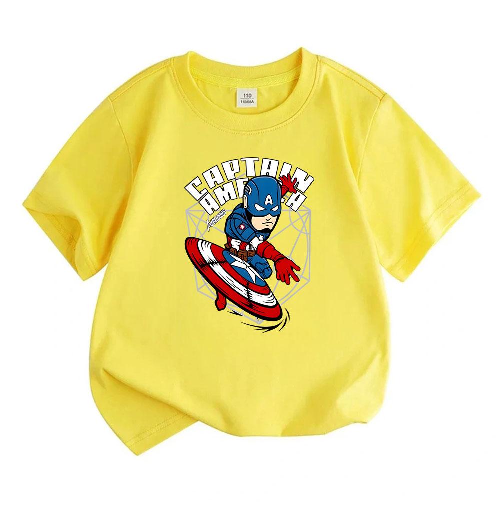 Kids Boys Girls 100% Cotton Short Sleeve O-neck T-shirt, Funny Cartoon Super Hero Captain Character Print Casual Comfortable Tees for Daily Wear Summe