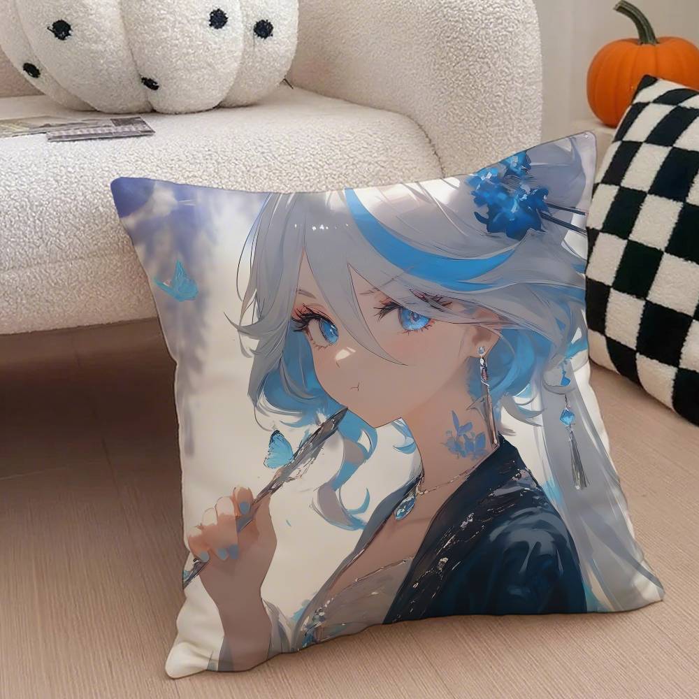 Genshin Impact Furina Anime Pillow Case Anti-dustmite Pillowcase Invisible Zipper Silky Short Plush Sofa Cushion Cover