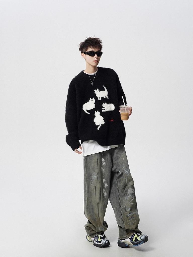 Trendy Cartoon Cat Knit Sweater: Men's Autumn/Winter Round Neck Couple's Loose Casual Style