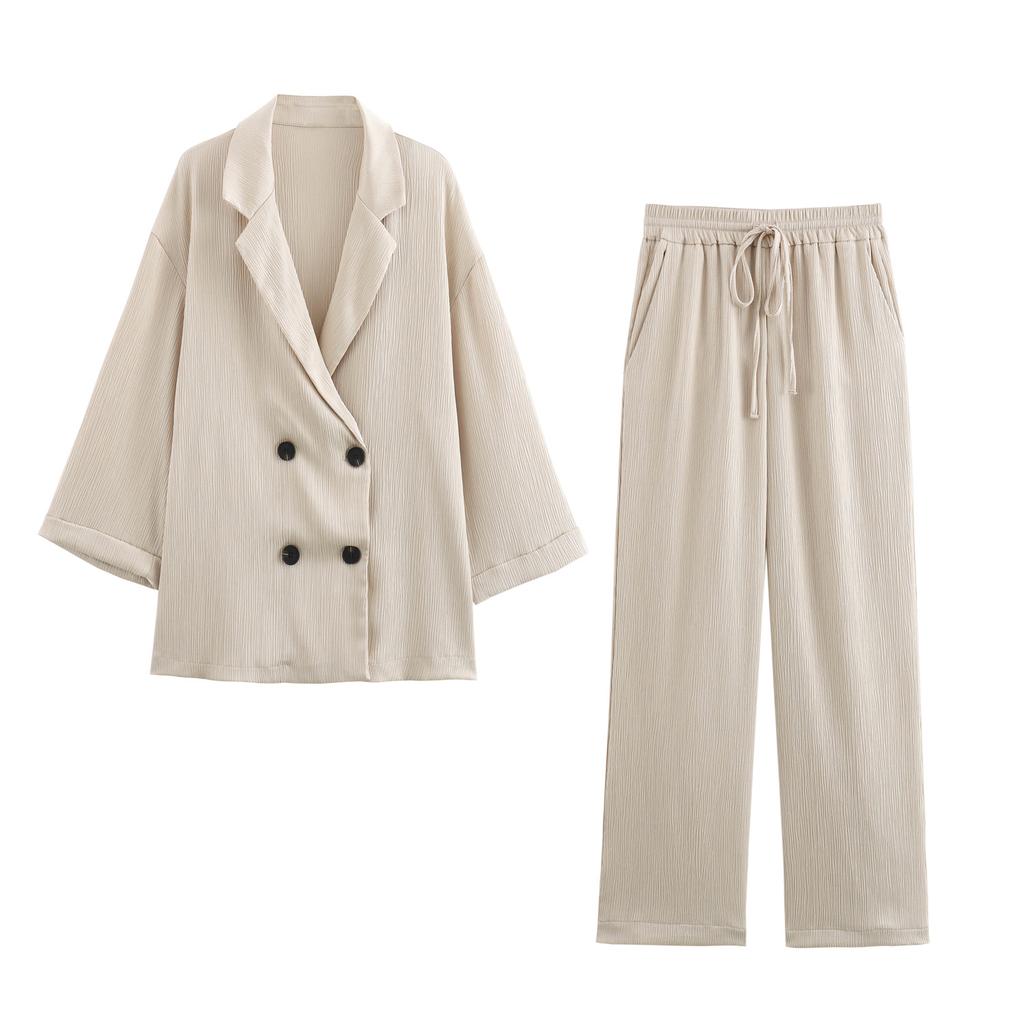 VAYLA Autumn Women Casual Blazer Coat Pants Set Long Sleeve Double Breasted Blazer + Wide Leg Trousers Lady Office Outfit